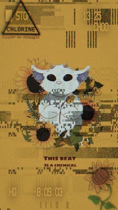 a poster with an image of a cat in the center and flowers on it's side