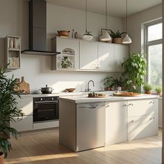 a kitchen filled with lots of white cabinets and counter top space next to a window