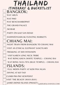 the thailand itinerary and bucket list is shown in black on a pink background