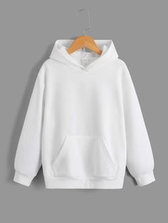 White Casual Collar Long Sleeve Fabric Plain Pullovers Embellished Slight Stretch Spring/Fall Boys Clothing White Hoodie Mockup, Hoodie Polos, White Hoodie Men, Shein Kids, Drop Shoulder Hoodie