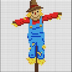 a pixellated image of a man in overalls and hat with his arms outstretched