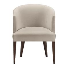 an upholstered beige chair with wooden legs