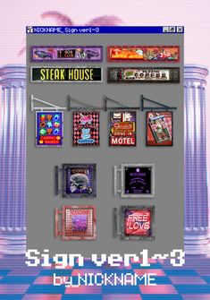 an old school video game screen with various items on the screen and text that reads, sign