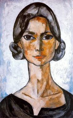 a painting of a woman's face with her hair pulled back and eyes closed