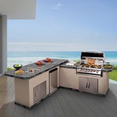 The beautiful Cal Flame L-shaped LBK870 now can be exclusively customized with BetterPatio. This spacious BBQ Island with plenty of space is perfect for entertaining family and friends. This Luxury Backyard Kitchen (LBK) enables you to expand your outdoor cooking to surpass traditional grilling, while also complementing your backyard landscape. ABOUT THE L-SHAPED 8 FOOT BBQ ISLAND The BBQ island is constructed from commercial-grade 16-gauge galvanized steel and then dressed in Hardibacker ceramic tile backboard for added durability and moisture resistance. The island base is available in durable Ameristone Stucco or elegant Natural Stacked Stone in assorted colors and textures to match your home resort design. Countertop options include your choice of tile made out of porcelain or natural L Shaped Island, Grilling Essentials, Wok Cooking, Outdoor Bbq Kitchen, Kitchen Finishes, Bbq Island, Outdoor Kitchen Island, Backyard Kitchen, Stainless Steel Refrigerator