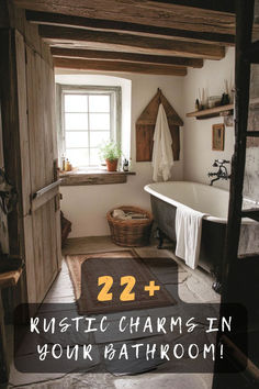 a bathroom with a tub, sink and window in the corner is featured on top of an article about 22 rustic charms in your bathroom