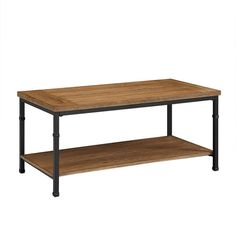 a wooden table with black metal legs and a shelf on the bottom that has two shelves underneath it