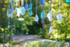 a bunch of glass beads hanging from the side of a tree