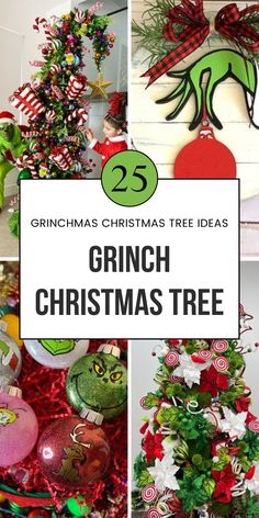 christmas tree decorated with grinch ornaments and candy canes in red, green and white