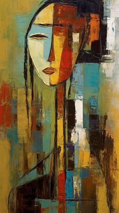 an abstract painting of a woman's face with multiple colors and shapes on it