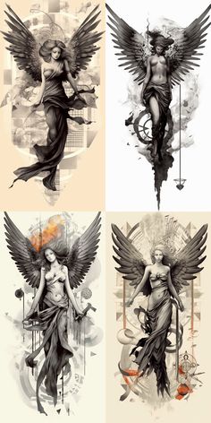 four different types of art work with black and white ink on paper, each depicting an angel