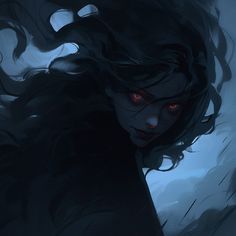 a woman with long hair and red eyes standing in front of an evil looking creature