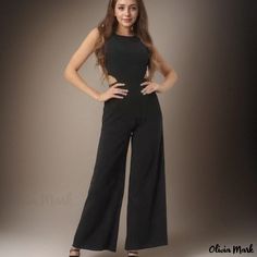 Olivia Mark - Womens Solid Color Bodysuit Jumpsuit with High Waist, Figure-Flattering Fit, Round Neck, and Wide-Leg Design Backless Jumpsuits And Rompers For Summer Workwear, Backless Summer Jumpsuits And Rompers For Work, Sleeveless Cutout Jumpsuit For Night Out, Formal Sleeveless Jumpsuits And Rompers With Back Opening, Formal Sleeveless Jumpsuit With Back Opening, Elegant Fitted Jumpsuits And Rompers With Cutout, Elegant Fitted Jumpsuit With Cutout Details, Elegant Fitted Jumpsuit With Cutout, Off Shoulder Jumpsuit