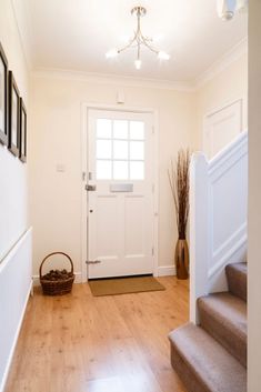 a white door and some stairs in a house