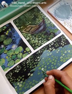 a person is drawing pictures with water lilies on paper and crayon pens