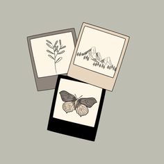 three cards with pictures of mountains and trees on them, one has a butterfly in the middle