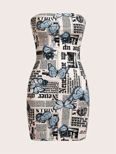 Newspaper Butterfly Print Bodycon Strapless Dress Multicolor Casual,Sexy  Sleeveless Knitted Fabric Letter,Butterfly,All Over Print Bodycon High Stretch  Women Clothing, size features are:Bust: ,Length: ,Sleeve Length: Newspaper Butterfly, Newspaper Print Dress, Butterfly Dresses, Printed Dress Outfit, Newspaper Dress, Spring Summer Capsule Wardrobe, Modest Dresses Fashion, Fashion Gal, Strapless Bodycon Dress