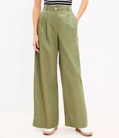 Petite Poplin Wide Leg Pants Summer Full-length Chinos With Pockets, High Waist Pleated Bottoms With Loosely Fitted Hips, Spring Workwear Chinos Full Length, Summer Workwear Full Length Chinos, Spring Workwear Full-length Chinos, Wide Leg Pleated Waist Pants For Summer, Wide Leg Bottoms With Pleated Waist, Solid Wide-leg Bottoms With Pleated Waist, Wide Leg Pants With Pleated Waist For Summer