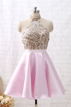 MACloth Halter Sequin Beaded Short Prom Homecoming Dress Pink Cocktail Party Dress Pink Cocktail Party, Halter Homecoming Dress, Yellow Homecoming Dresses, Pink Cocktails, Pink Cocktail, Sequin Halter, Pink Homecoming Dress, Pink Cocktail Dress, Backless Prom Dresses