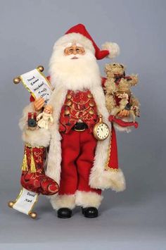 a santa clause holding two teddy bears and a clock