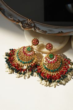 Nora Chandbali Statement Earrings - Oversized design with nine exquisite gemstones Ear Chain, Accessories Ear, Chandbali Earrings, Pakistani Jewelry, Choker Necklace Set, Necklace Sets, Jhumka Earrings, Artisan Craft, Bridal Sets