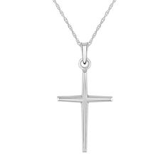 Let your faith shine through with this polished 14k gold cross necklace. Let your faith shine through with this polished 14k gold cross necklace. Pendant size: 1"L x 1/2"W Chain length: 16 in. +2-in. extender Chain type: rope Nickel free Metal: 14k white gold, 14k gold Plating: rhodium Finish: polished Packaging: boxed Size: 18". Gender: female. Age Group: adult. 14k Gold Cross Necklace For First Communion, Polished Cross Necklace For Formal Occasions, White Gold Polished Cross Necklace, Formal Polished Cross Necklace, Formal Polished Cross Pendant Necklace, Classic Polished Crucifix Cross Necklace, Classic Crucifix Cross Necklace For Formal Occasions, White Gold Cross Pendant For First Communion, White Gold Cross Pendant Necklace For First Communion