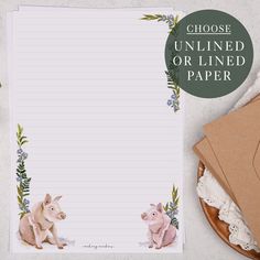 a notepad with two pigs on it next to an envelope and paper that says choose unlined or lined paper