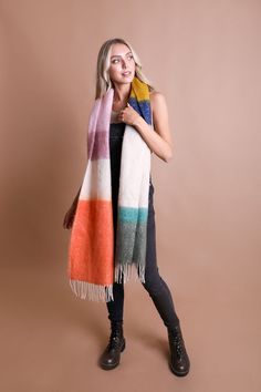 This wonderfully soft scarf is perfect for looking cozier in the winter months. Wrap this cozy accessory around your neck or wear it over your shoulder to stay warm all day long. The striking colors are sure to give extra flair on any outfit! #lovemyleto 100% Acrylic Imported Scarf Cardigan, Mohair Scarf, Sorority Rush Dresses, Color Block Scarf, Stocking Stuffers For Women, Bachelorette Dress, Casual Bodysuit, Cozy Accessories, Rush Dresses