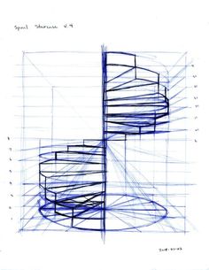 a drawing of a spiral staircase in blue ink