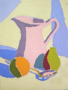 a painting of a pitcher and fruit on a table