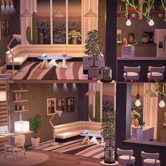 the interior of a living room and dining room in an animated style, with plants growing out of the windows