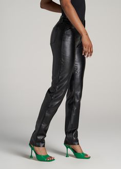 About Our Tall Women's Faux Leather Pants Add a pair of faux leather slim pants for tall women to your wardrobe and discover new and exciting outfit options. With a glossy finish, these tall women's pants are a great substitute for your jeans or dresses and pair well with heels or sneakers for a sleek, laid-back look. Featuring an extra-long inseam, this style is designed for women 5'9 - 6'6. Intended to sit above the ankle, they provide a slim, figure-hugging fit. If you're looking for women's Sleek Shiny Black Bottoms, Sleek Metallic Bottoms For Night Out, Sleek Shiny Bottoms For Night Out, Shiny Fitted Leather Pants, Sleek Shiny Pants For Fall, Sleek Shiny Fall Pants, Straight Leg Leather Pants For Night Out, Shiny Leather Pants For Night Out, Sleek Shiny Leather Pants For Fall