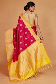 Look your ethnic best at weddings and special occasions in this beautiful red Katan Banarasi saree. It is adorned with zari buta and has a yellow zari border. The saree comes with a matching blouse piece. Disclaimer: The shown stitched blouse on the model is for display purpose only. The saree comes with a matching blouse piece and finished with fall and piko. Red Paithani Silk Pre-draped Saree With Pallu, Red Paithani Silk Pre-draped Saree With Cutdana, Red Paithani Silk Pre-draped Saree For Diwali, Red Tussar Silk Traditional Wear With Meenakari, Red Meenakari Tussar Silk Traditional Wear, Red Pre-draped Saree With Zari Weaving In Dola Silk, Red Tussar Silk Dupatta With Meenakari, Red Pre-draped Saree With Zari Weaving On Dola Silk, Tussar Silk Sarees