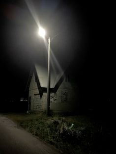 a street light in front of a building on a dark night with no one around it