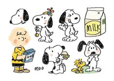 a drawing of charlie the snoopy dog and his friends are eating milk from a carton