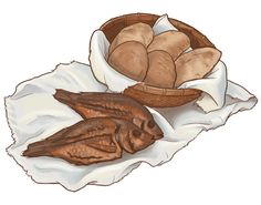 two fish are sitting on a cloth next to a basket with bread and eggs in it