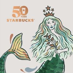 a drawing of a mermaid with long hair and a crown on her head holding a flower