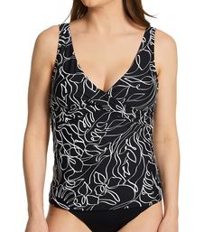 V-neck tankini top will give you an instant chic look with its palm leaf outline print, crossover front, and convertible racerback. Shelf bra has underwire cups with microfiber lining. Pockets in cups have removable padding for added shape and modesty. Bra-sized cups give you the perfect fit. Crossover panels between cups create V-shaped neckline. Flattering V-neckline has covered elastic edge for close fit. Upper mesh sides and back have side seams, covered elastic at top, and logo elastic band V-neck Tank Top For Swimming, Printed V-neck Tankini For Poolside, Leaf Outline, Striped Tankini, Long Sleeve Swim, Orange Swimsuit, Black Tankini, Beach Mini Dress, Tankini Swim Tops