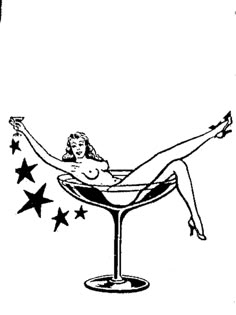 a black and white drawing of a woman sitting in a martini glass with stars on it