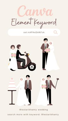 wedding, muslim wedding, hijab wedding, cute, couple, cartoon, illustration Wedding Couple Illustration, Canva Learning, Canva Keywords, Wedding Graphics, Elements Canva