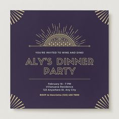 a purple and gold dinner party card