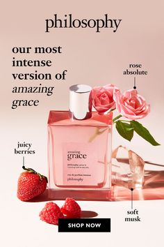 discover the new amazing grace eau de parfum intense, with notes of juicy berries, sustainably sourced rose absolute and our signature soft musk. Intensely concentrated for all-day wear. Grace Perfume, Amazing Grace Perfume, Pink Notes, Philosophy Amazing Grace, Musk Perfume, Fragrances Perfume Woman, Rose Absolute, Perfume Collection Fragrance, All Natural Skin Care