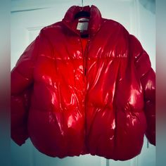 Brand New Pretty Shiny Red Puffer Jacket Cropped At The Waist Red Puffer Outerwear For Cold Weather, Red Puffer Outerwear For Fall, Red Puffer Jacket For Fall, Red Fall Puffer Jacket, Casual Red Puffer Outerwear, Casual Red Puffer Jacket For Cold Weather, Trendy Red Puffer Jacket For Winter, Trendy Red Winter Outerwear, Red Casual Puffer Jacket For Spring