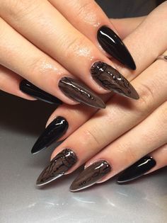 Dark Nails Elegant, Dark Sultry Nails, Goth Jelly Nails, Dark Style Nails, Dark Core Nails, Dark Glittery Nails, Homecoming Nails For Black Dress, Goth Prom Nails, Dark Prom Nails