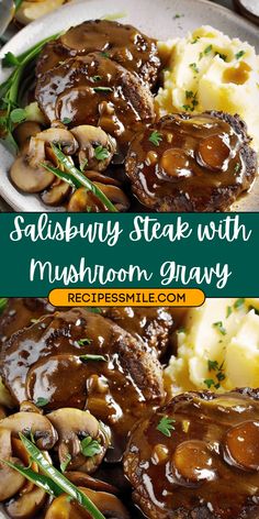 steak with mushrooms and gravy on a plate