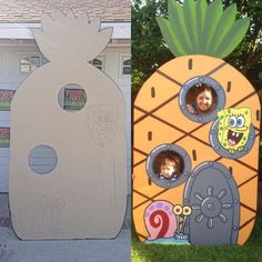 two cardboard pineapples with faces on them and one has a house in the shape of a pineapple