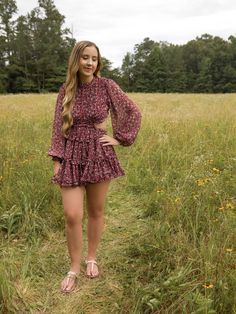 Burgundy Floral Print Summer Dress, Burgundy Floral Print Dress For Spring, Spring Burgundy Flowy Dress, Spring Burgundy Dress For Brunch, Spring Burgundy Dresses With Ruffles, Burgundy Dress For Spring Brunch, Flowy Burgundy Dress For Spring, Chic Burgundy Mini Dress For Spring, Burgundy Ruffled Dress For Date Night