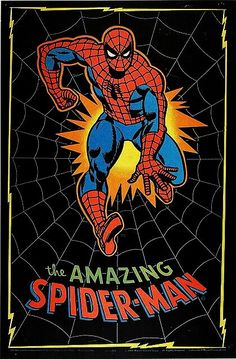 the amazing spider - man logo on a black background with yellow and blue colors, in front of a web