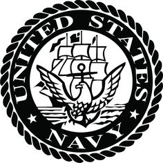 the united states navy seal with an eagle and ship on it's side, in black and white