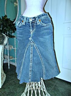 Trye Religion upcycled jean skirt raw edge frayed dark wash bohemian festival boho cowgirl Renaissance Denim Couture Mermaid Cowgirl, Denim Couture, Boho Mermaid, French Bohemian, Lace Jeans, Rose Jeans, Boho Cowgirl, Bohemian Festival, Upcycle Jeans